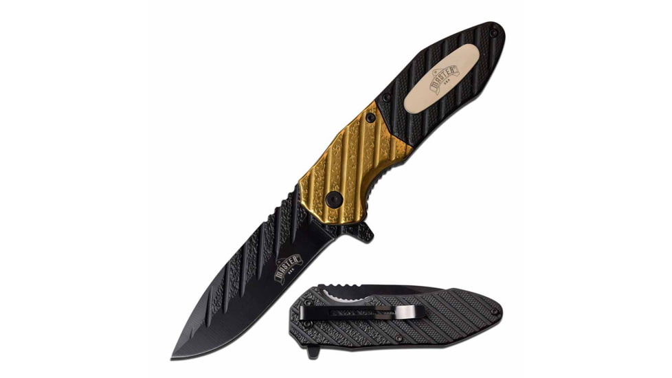 Master USA MU-A059GD Spring Assisted Knife, 3.5in, 3CR13 Stainless Steel, Spear Point, Black Blade, Injection Molded Handle, Gold/Black, MU-A059GD