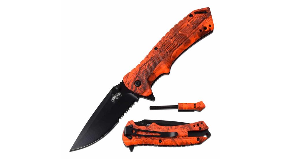 Master USA MU-A062OC Spring Assisted Knife, 3.5in, 3CR13 Stainless Steel, Spear Point, Black Blade, Injection Molded Handle, Orange Camo, MU-A062OC