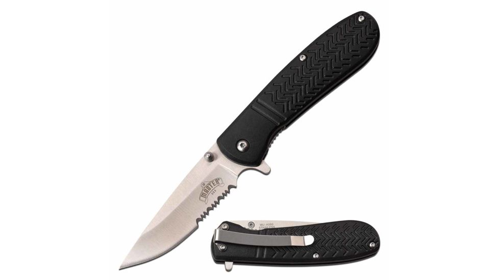 Master USA MU-A093AS Spring Assisted Knife, 3in, 3CR13 Stainless Steel, Drop Point, Half-Serrated, Steel Blade, Injection Molded Handle, Black, MU-A093AS