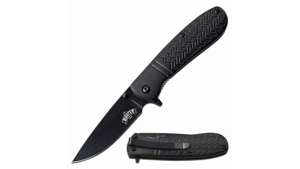 Master USA MU-A093BK Spring Assisted Knife, 3in, 3CR13 Stainless Steel, Drop Point, Black Blade, Injection Molded Handle, Black, MU-A093BK