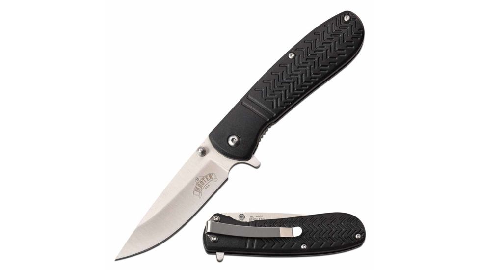 Master USA MU-A093S Spring Assisted Knife, 3in, 3CR13 Stainless Steel, Drop Point, Steel Blade, Injection Molded Handle, Black, MU-A093S