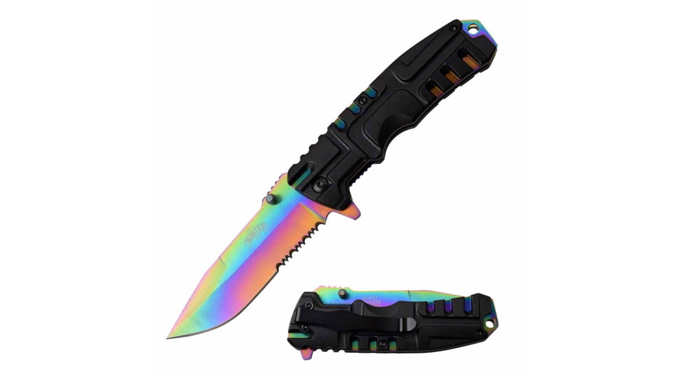 Master USA MU-A097RB Spring Assisted Knife, 3.75in, 3CR13 Stainless Steel, Spear Point, Half-Serrated, Rainbow Blade, Injection Molded Handle, Black, MU-A097RB