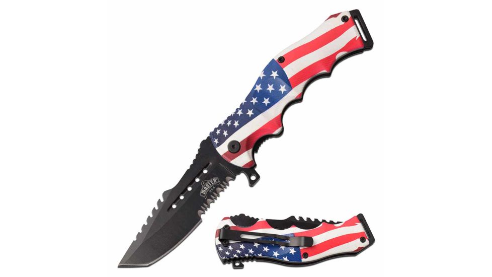 Master USA MU-A102A Spring Assisted Knife, 3.75in, 3CR13 Stainless Steel, Modified Tanto, Black Blade, Injection Molded Handle w/ American Flag Design, -, MU-A102A