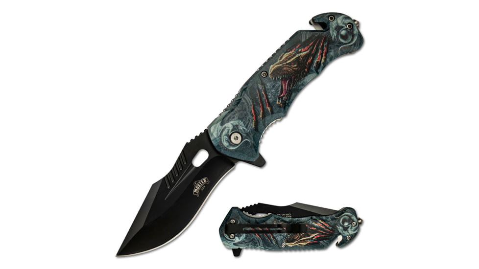 Master USA Tanto Spring Assisted Knife, 3.75 in, 3Cr13 Stainless Steel Stainless Steel, Grey/Yellow Dragon, MU-A116O