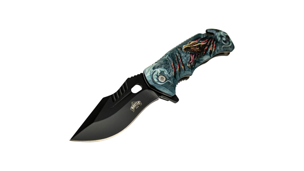 Master USA Tanto Spring Assisted Knife, 3.75 in, 3Cr13 Stainless Steel Stainless Steel, Grey/Yellow Dragon, MU-A116O