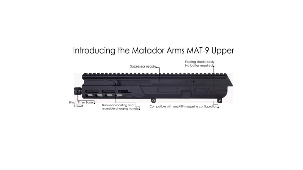 Matador Arms MAT-9K AR-9 9mm 5in Roller Delayed Upper Reciever, 4150 Lightweight Nitrided Barrel, 1-10 Twist, 1/2x28 Threads, Black, MATK-U-BLKOP