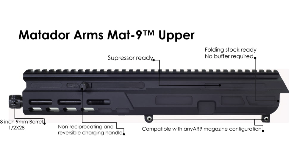 Matador Arms Mat9 Upper Receiver, 9mm, 7.825 in, 1-10 Twist, 1/2x28 Threads, 4150 Lightweight Nitrided, Black, MAT9-U-BLK