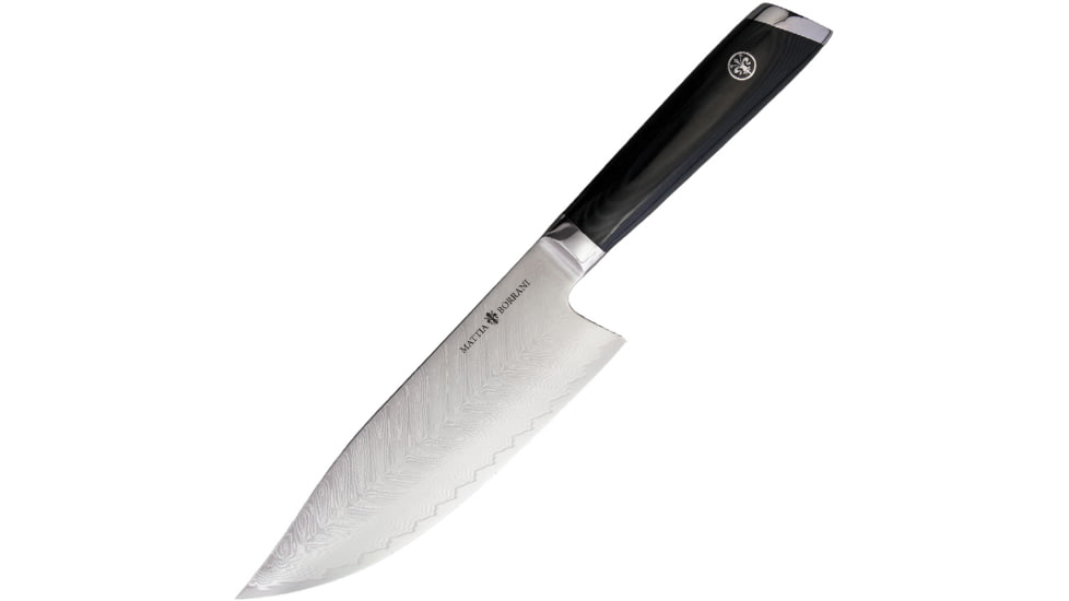 Mattia Borrani Cutlery Bowie Chef 7in Damascus Knife, 7 blade, Black linen micarta handle, B087A