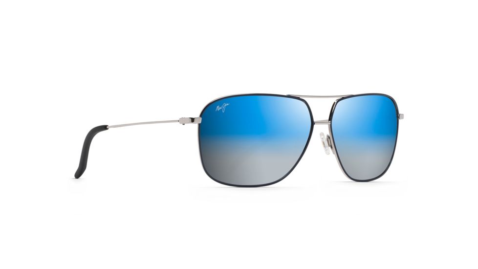 Maui Jim Kami Polarized Aviator Sunglasses, Silver w/ Navy Blue Frame, Dual Mirror Blue To Silver Lens, Silver w/ Navy Blue DBS778-06A