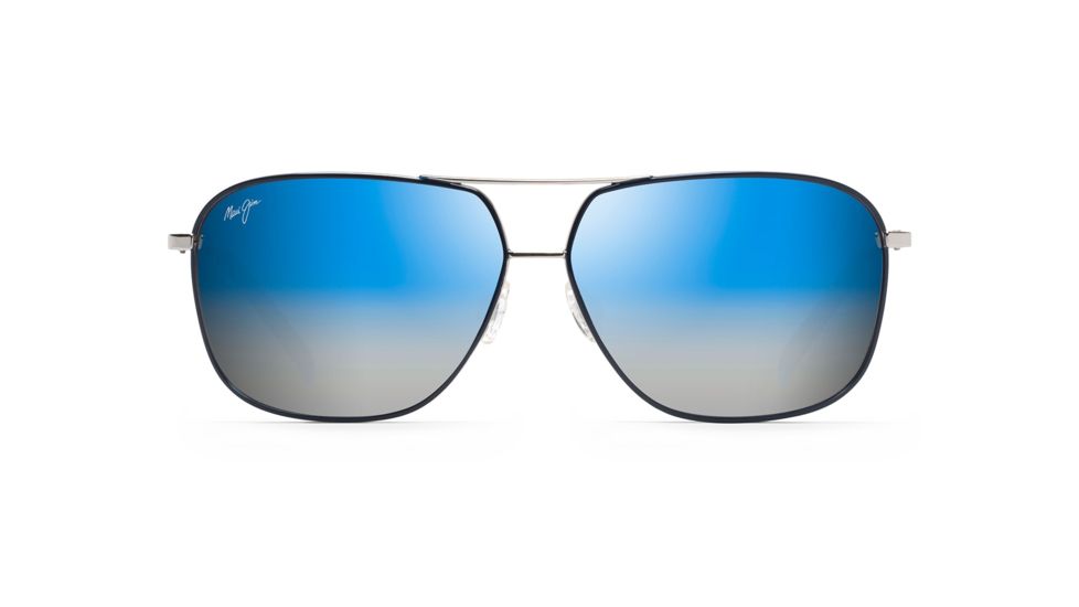 Maui Jim Kami Polarized Aviator Sunglasses, Silver w/ Navy Blue Frame, Dual Mirror Blue To Silver Lens, Silver w/ Navy Blue DBS778-06A