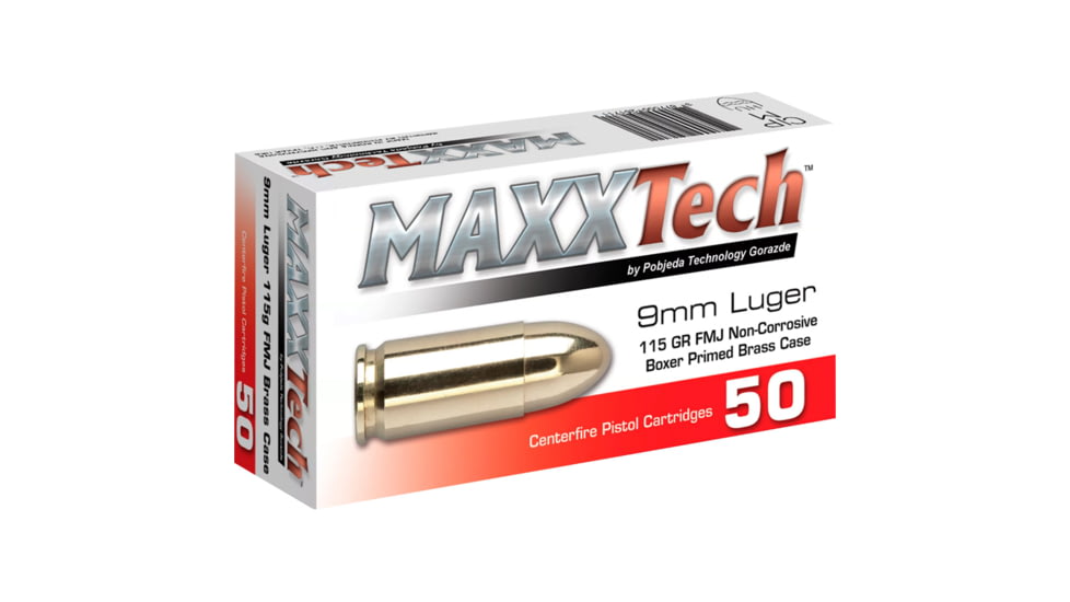 MAXXTECH 9mm 115 Grain Full Metal Jacket Pistol Ammo, 50 Rounds, PTGB9MMB
