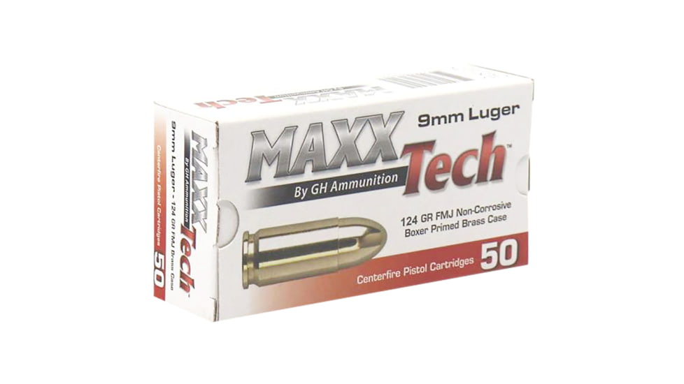 MaxxTech 9mm Luger 124 Grain Full Metal Jacket Pistol Ammo, 50 Rounds, PTGB9124B