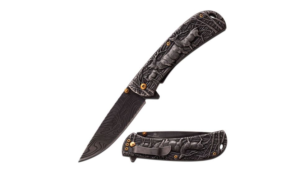 MC Masters Collection Folding Blade, 3.5in, Stainless Steel Blade, Dark Stonewash Finished Elk Sculpture Stainless Steel Handle MC-033SW