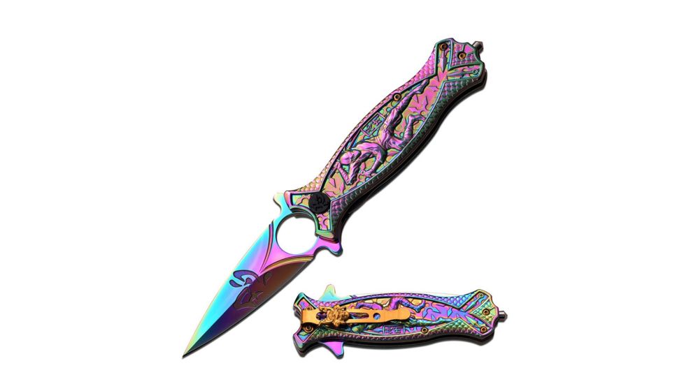 MC Masters Collection Folding Blade, 3.5in, Stainless Steel Blade, Rainbow Ti-Coated Stainless Steel, Sculpted Ninja Art Handle MC-A030RB