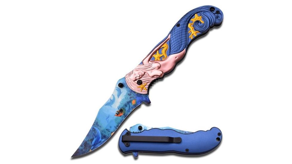 MC Masters Collection Folding Blade, 3.8in, Stainless Steel Blade, Copper Mermaid With Blue Tail On Aluminum Handle MC-A013BL