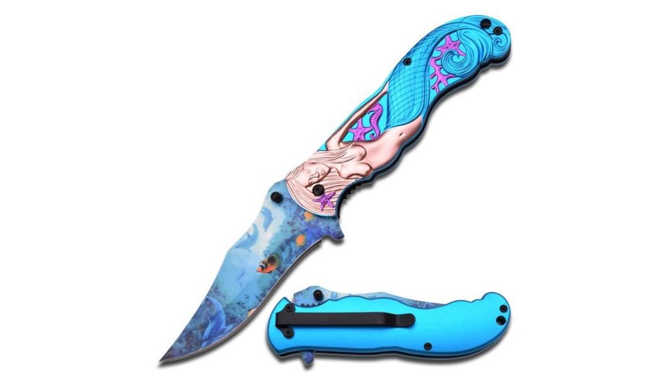 MC Masters Collection Folding Blade, 3.8in, Stainless Steel Blade, Copper Mermaid With Light Blue Tail On Aluminum Handle MC-A013LB