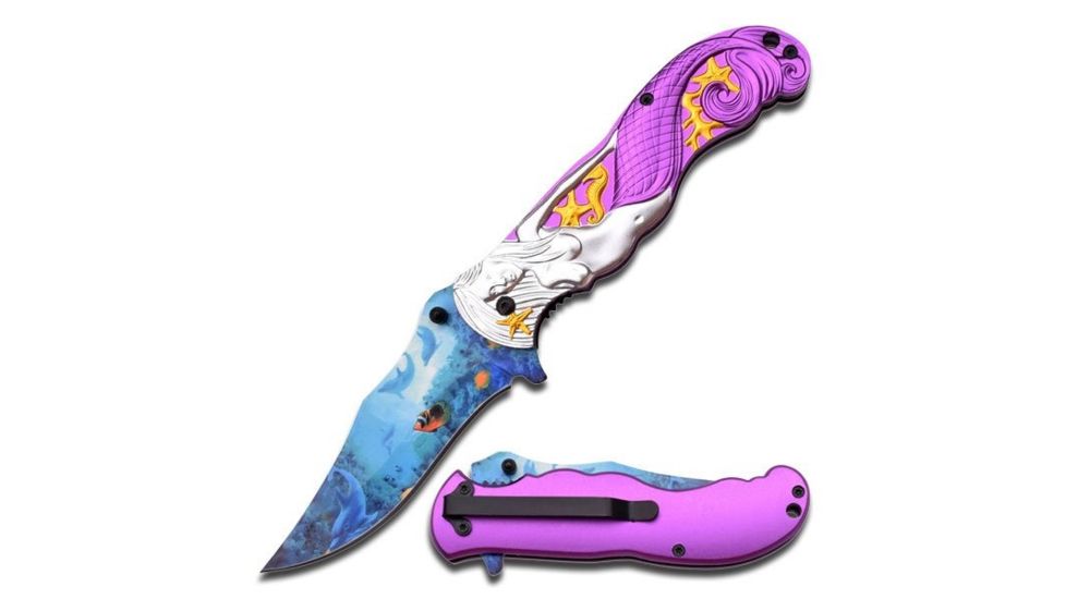 MC Masters Collection Folding Blade, 3.8in, Stainless Steel Blade, Silver Mermaid With Purple Tail On Aluminum Handle MC-A013PE