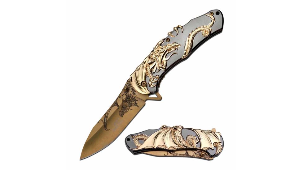 MC Masters Collection MC-045 Manual Folding Knife, 3.5in, 3CR13 Stainless Steel, Drop Point, Golden Tinite Blade, Zink Alloy Handle, Gold/Black, MC-045