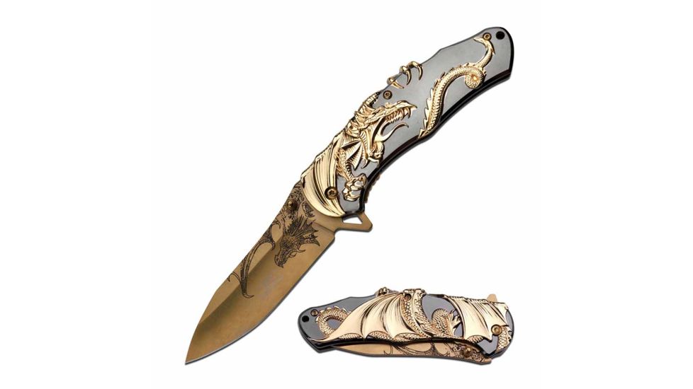 MC Masters Collection MC-A045 Spring Assisted Knife, 3.5in, 3CR13 Stainless Steel, Drop Point, Golden Blade, Zink Alloy Handle, Gold/Black, MC-A045