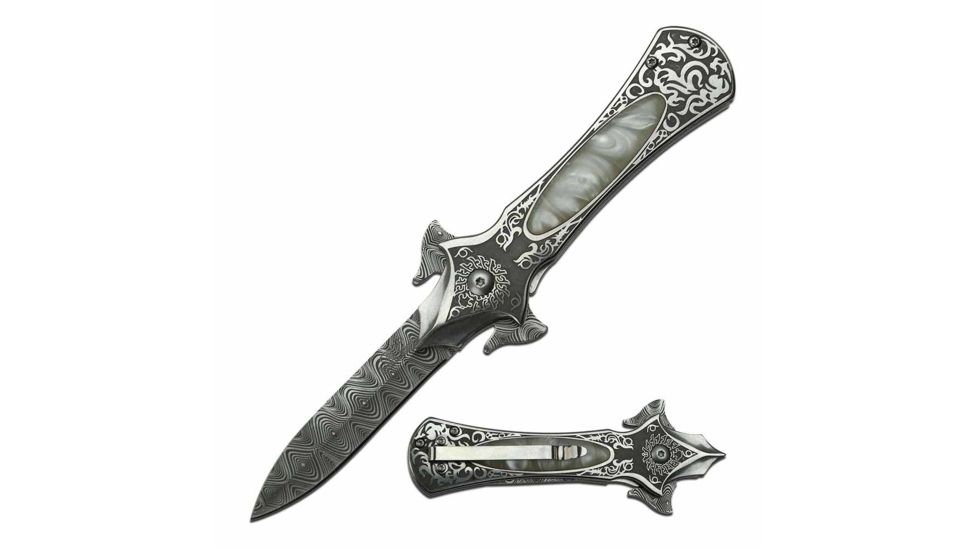 MC Masters Collection MC-A047GY Spring Assisted Knife, 2.7in, 3CR13 Stainless Steel, Dagger, Damascus Blade, Stainless Steel Handle, Gray, MC-A047GY