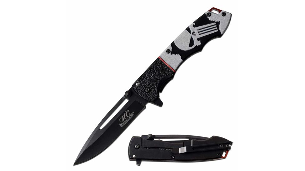 MC Masters Collection MC-A057P Spring Assisted Knife, 3.5in, 3CR13 Stainless Steel, Spear Point, Black Blade, Aluminum Handle w/ Punisher Printing, Black, MC-A057P