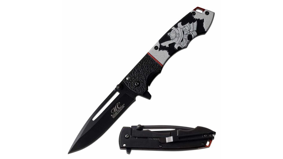 MC Masters Collection MC-A057S Spring Assisted Knife, 3.5in, 3CR13 Stainless Steel, Spear Point, Black Blade, Aluminum Handle w/ Samurai Printing, Black, MC-A057S