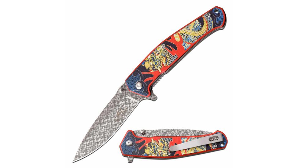 MC Masters Collection MC-A058RD Spring Assisted Knife, 3.5in, 3CR13 Stainless Steel, Drop Point, Laser Etched Steel Blade, Aluminum Handle, Red, MC-A058RD
