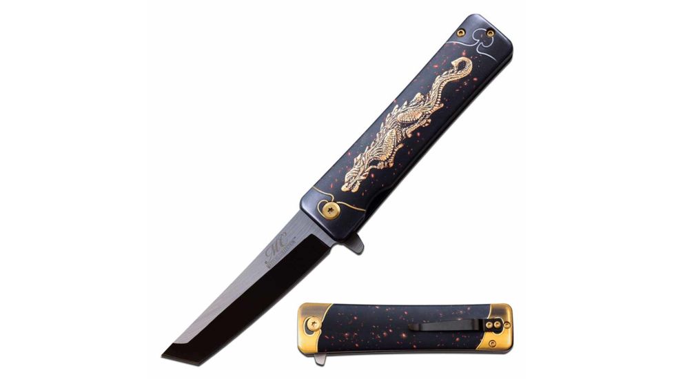 MC Masters Collection MC-A061D Spring Assisted Knife, 3.5in, 3CR13 Stainless Steel, Tanto, Black Blade, Aluminum Handle w/ Dragon Printing, Black, MC-A061D