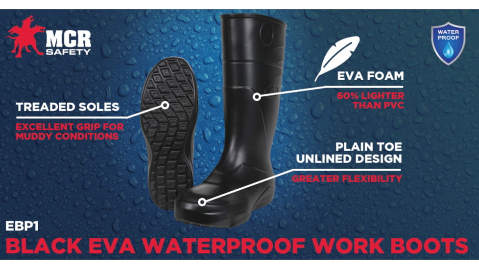 MCR Safety 12in EVA Work Boots, Plain Toes with Treaded Sole, Over the Sock Style, Unlined Interior, Black, 7, EBP107