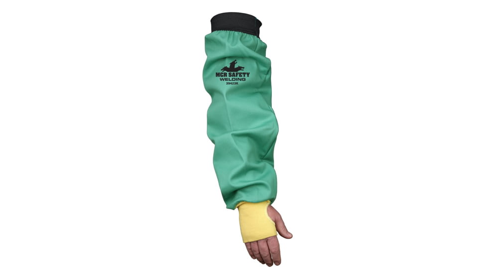 MCR Safety 23in Sleeve with Elastic Wrist, Limited Flammability, 100% Treated 9 oz. Cotton, DuPont Kevlar Thumb Slot and Wrist, Green, One Size, 39423K