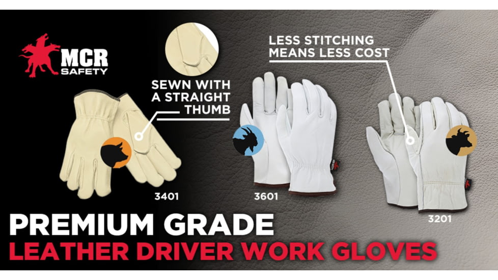 MCR Safety 3201M Leather Drivers Work Gloves, Select Grade Unlined Grain Cow Leather, Straight Thumb, Beige, Medium, 3201M