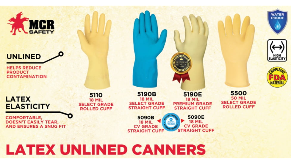 MCR Safety 5080B Long Canners Latex Gloves, 18 mil Thickness, 12in Length, Unlined Industry Standard Grade, Blue, Medium, 5080B