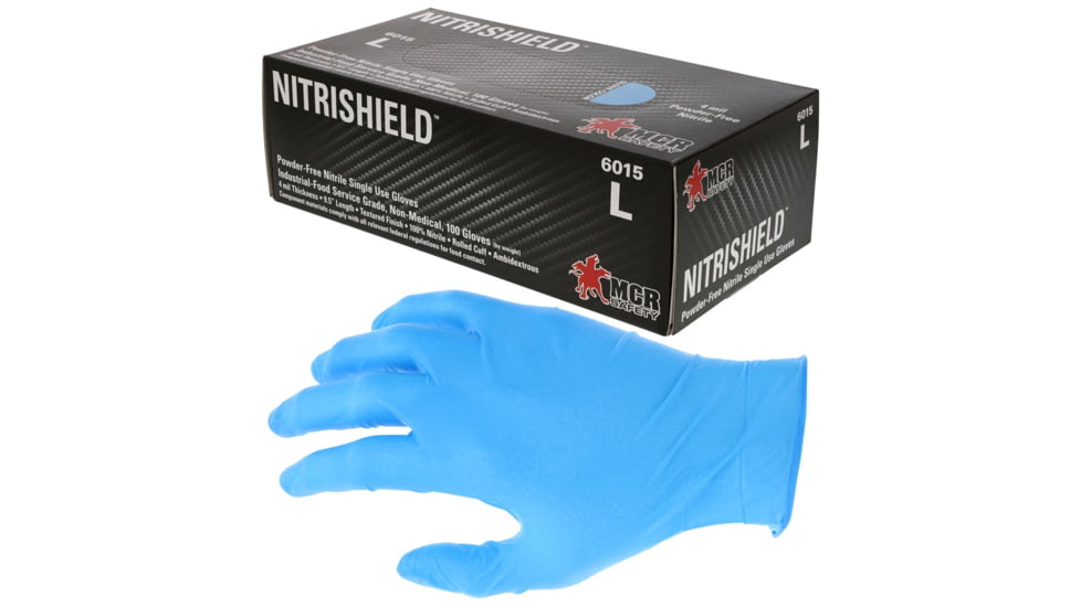 MCR Safety 6015L NitriShield Disposable Nitrile Gloves, Powder Free Industrial Food Service Grade, 9.5in Length, 4 mil Thickness, Blue, Large, 6015L