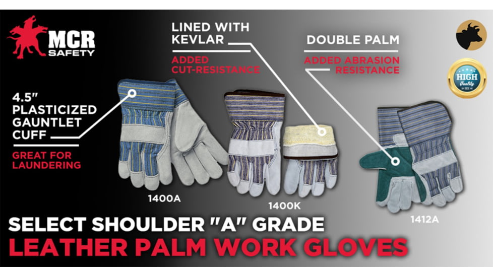 MCR Safety A Grade Shoulder Leather Split Leather Palm Work Gloves, 4.5in Plasticized Gauntlet Cuff, Gray, Large, 1410A