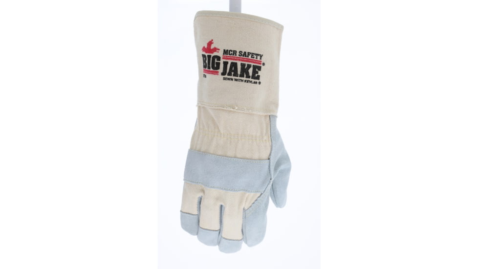MCR Safety Big Jake Premium A+ Side Leather Palm Work Gloves, 4.5in Extended Gauntlet Duck Cuff, Sewn with DuPont Kevlar, Gray, Large, 1730L