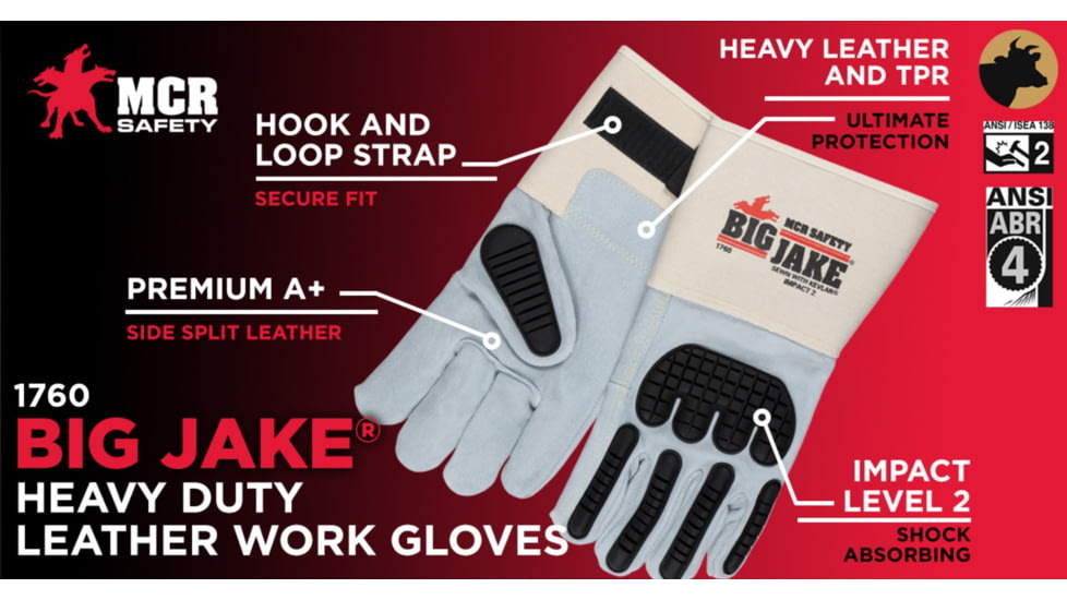 MCR Safety Big Jake Ultimate Protection Premium A+ Side Leather Palm Work Gloves, Gray, Large, 1760L