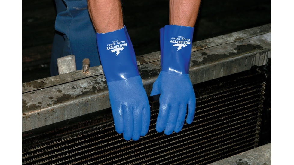 MCR Safety Blue Coat Series Flexible PVC Coated Work Gloves, Triple Dipped with Textured PVC, Seamless Knit Lining, 12in Length, Blue/White, Large, 6632L
