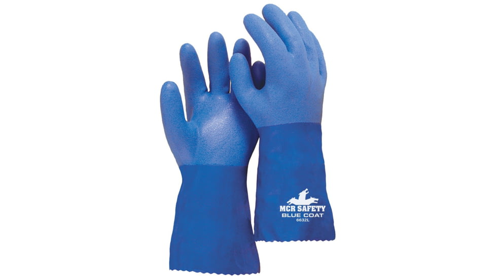 MCR Safety Blue Coat Series Flexible PVC Coated Work Gloves, Triple Dipped with Textured PVC, Seamless Knit Lining, 12in Length, Blue/White, Large, 6632L