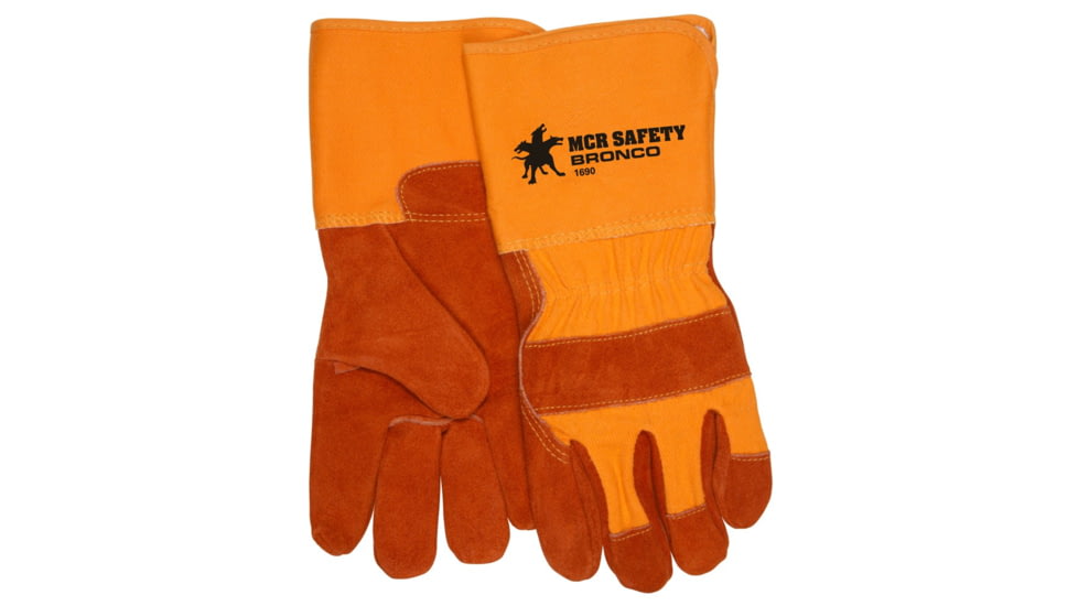 MCR Safety Bronco Split Leather Palm Work Gloves w/Gauntlet Cuff - Men's, Large, 1690