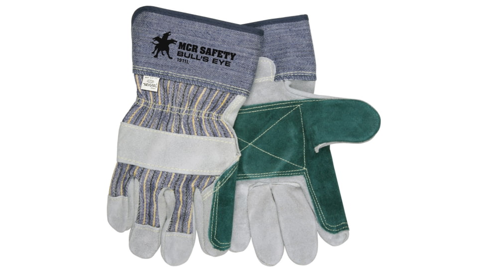 MCR Safety Bulls Eye A Side Split Leather Double Palm Work Gloves, 2.75in Rubberized Safety Cuff, Sewn with DuPont Kevlar, Gray, Large, 1911L
