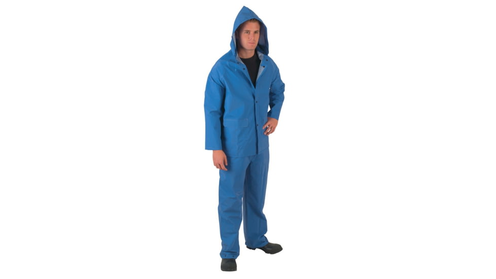 MCR Safety Classic Plus Series 3 Piece Waterproof Rain Suit, .35mm PVC/Poly, Corduroy Collar, Detachable Hood and Bib Pants, Blue, M, 2433M