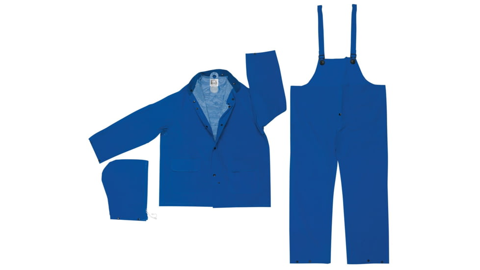 MCR Safety Classic Plus Series 3 Piece Waterproof Rain Suit, .35mm PVC/Poly, Corduroy Collar, Detachable Hood and Bib Pants, Blue, M, 2433M