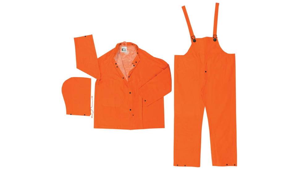 MCR Safety Classic Plus Series 3 Piece Waterproof Rain Suit, .35mm PVC/Poly, Corduroy Collar, Detachable Hood and Bib Pants, Orange, M, 2413M