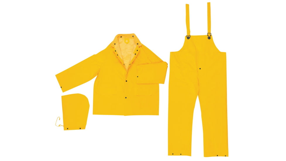 MCR Safety Classic Plus Series 3 Piece Waterproof Rain Suit, .35mm PVC/Poly, Corduroy Collar, Detachable Hood and Bib Pants, Yellow, M, 2403M