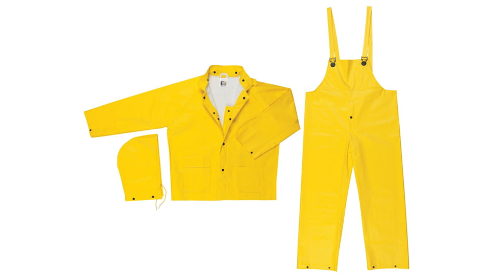 MCR Safety Commodore Series 3 Piece Waterproof Rain Suit, PVC/Non-Woven Poly/Nylon, Rain Jacket, Detachable Hood and Bib Pants, Yellow, L, 6003L