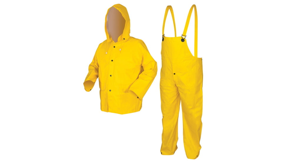 MCR Safety Commodore Series 3 Piece Waterproof Rain Suit, PVC/Non-Woven Poly/Nylon, Rain Jacket, Detachable Hood and Bib Pants, Yellow, L, 6003L