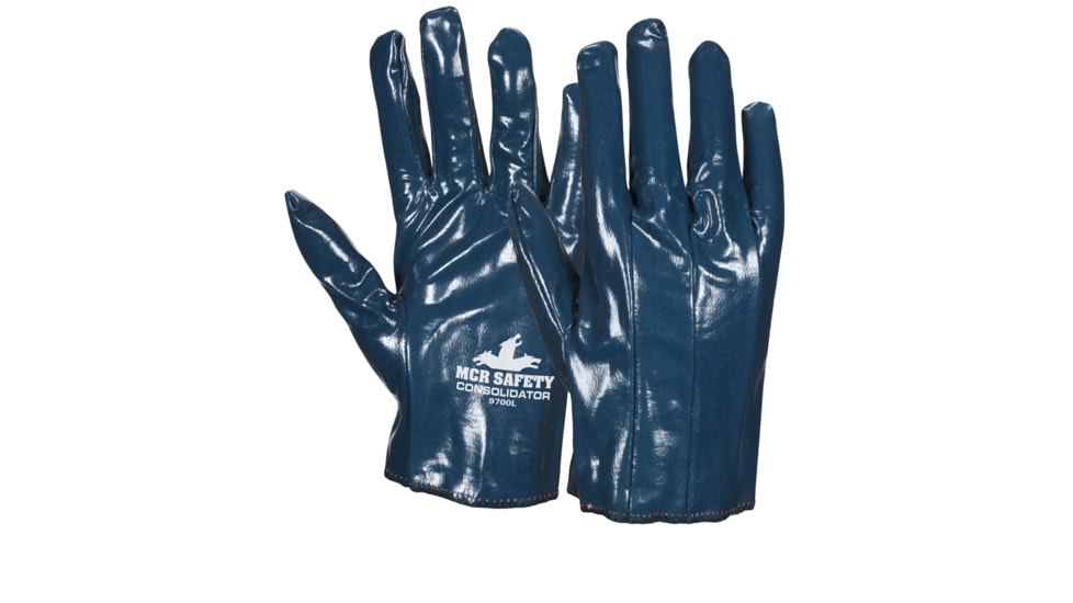 MCR Safety Consolidator Work Gloves, Cut and Sewn Glove Pattern, Premium Full Nitrile Coating, Soft and Comfortable Interlock Liner, Blue, Medium, 9700M