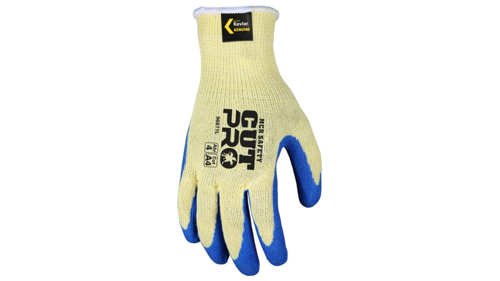 MCR Safety Cut Pro 10 Gauge Kevlar Shell Cut Resistant Work Gloves, Latex Palm and Fingertips, Blue/Yellow, Small, 96871S