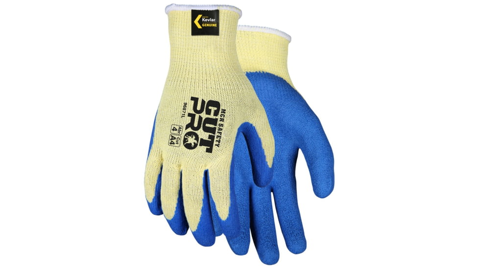 MCR Safety Cut Pro 10 Gauge Kevlar Shell Cut Resistant Work Gloves, Latex Palm and Fingertips, Blue/Yellow, Small, 96871S