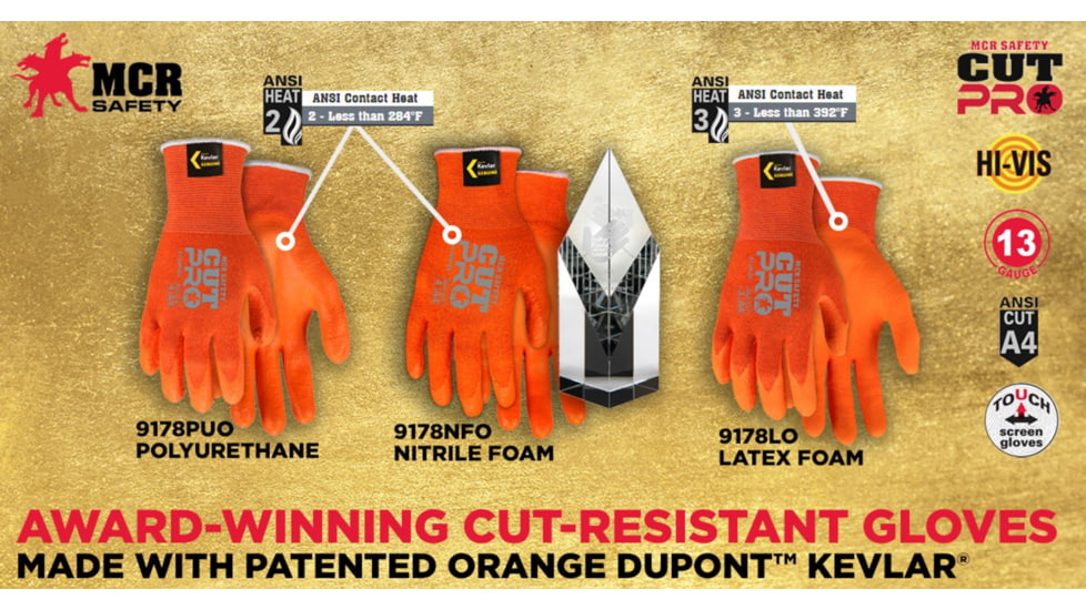 MCR Safety Cut Pro 13 Gauge Kevlar Shell Cut Resistant Work Gloves, PU Coated Palm and Fingertips, Orange, Small, 9178PUOS